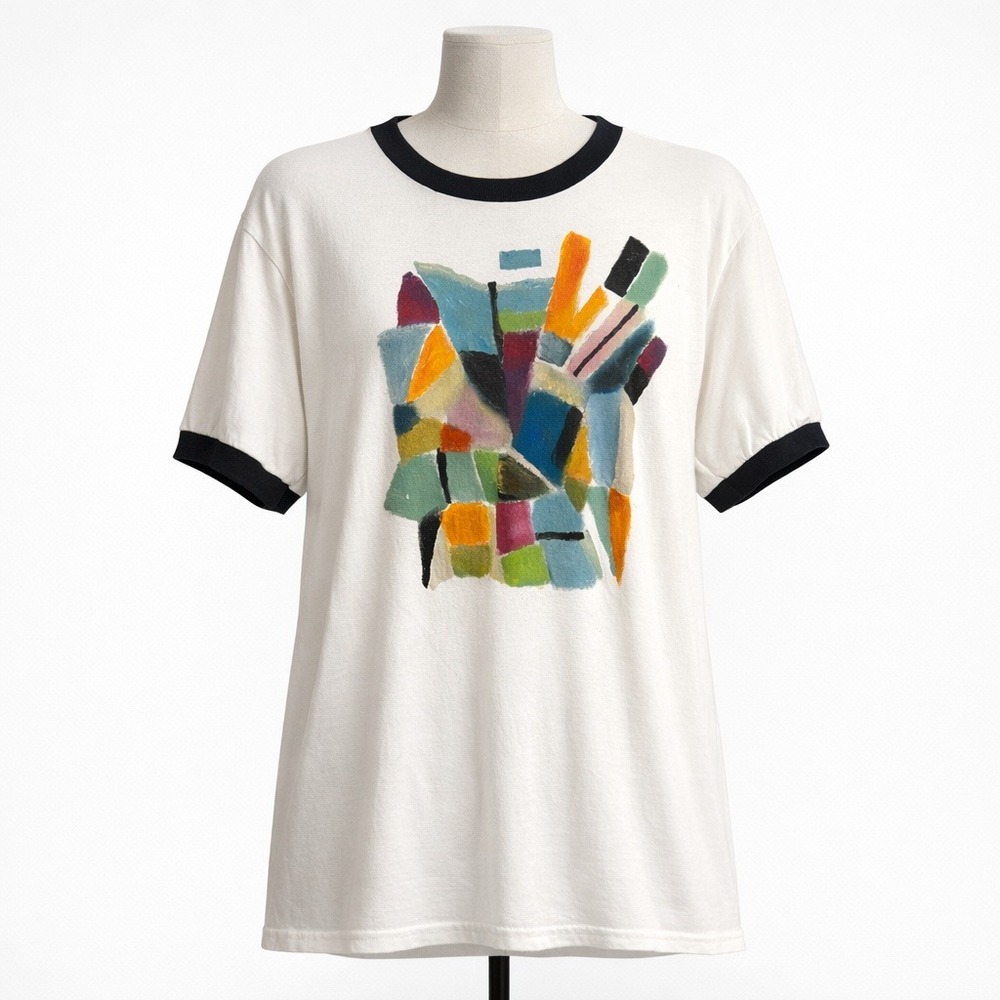 Hand Painted Abstract Art to Wear Ringer T Shirt White Funky Indie Sleaze Preppy
